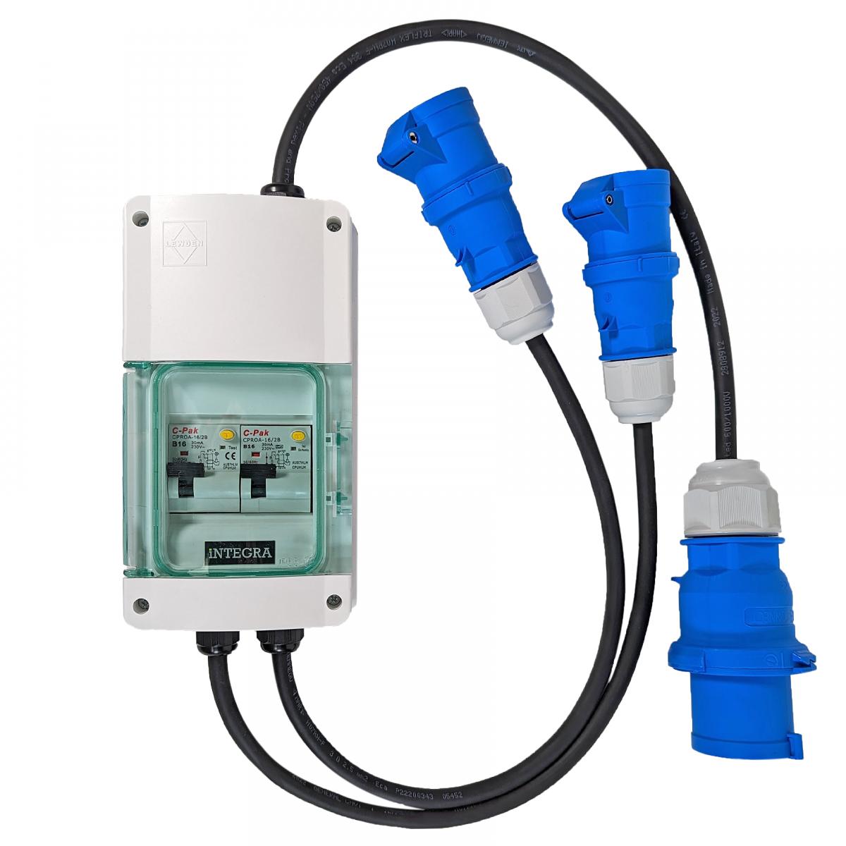 32 Amp Commando Splitter RCBO to 2x16 Amp Sockets DCDI